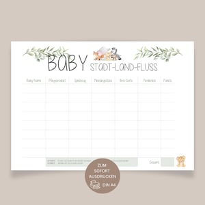 Könnte beinhalten: Druckbare Spielkarte mit grünem Blätterrand und einer Gruppe von Comic-Tieren. Die Karte ist mit "Baby Stadt-Land-Fluss" betitelt und hat Spalten für "Baby Name", "Pflegeprod!", "Spelzruy", "Nevärvsstick", "Bre-Sorte", "Fenerled", "Punk" und "Gesamt".