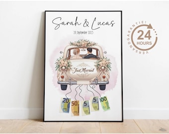 Personalized money gift for bride and groom, money gift for wedding, car with banknotes, wedding gift packaging, wedding poster
