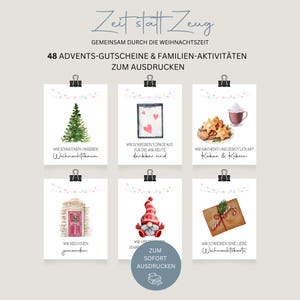 Puede incluir: Un conjunto de seis tarjetas con ilustraciones navideñas y texto, sujetas con clips negros. Las tarjetas representan un árbol de Navidad, corazones, galletas, un gnomo, una puerta y un regalo. El texto está en alemán.