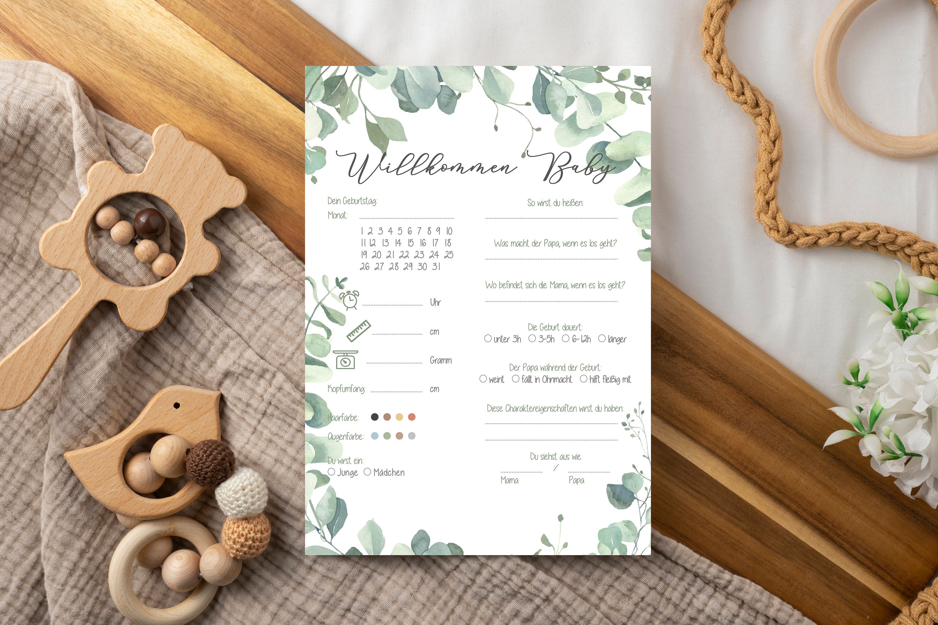 Things Of Happiness Baby Shower Guessing Game Cards - 20 Fill-in Cards With Wishes, Eucalyptus Design, For Boys & Girls