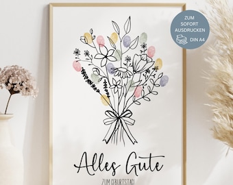 Guestbook fingerprint picture for a birthday, fingerprint poster for a birthday, bouquet poster with fingerprints, instant download