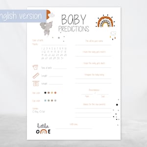 Baby Party Cartes de remplissage | Babyshower carte de vœux, arc-en-ciel | Cartes de pronostics - english