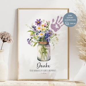 Cadeau d'adieu pour éducatrice, cadeau d'adieu pour maternelle, garderie, crèche, garderie périscolaire, empreinte de main, photo de fleur, bouquet de fleurs, idée remerciement, PDF