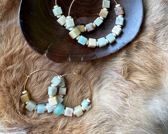 Amazonite Hoop Earrings - Square Beads /  Modern Hoop Earrings / Hoop Statement Earrings