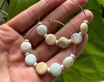 Amazonite Hoop Earrings - Lentil Beads /  Modern Hoop Earrings / Hoop Statement Earrings