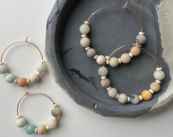 Amazonite Hoop Earrings - Round Beads /  Modern Hoop Earrings / Hoop Statement Earrings