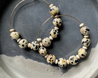 Dalmatian Jasper Hoop Earrings - Lentil Beads /  Modern Hoop Earrings / Hoop Statement Earrings