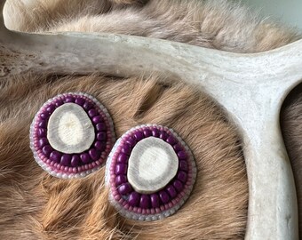 Sukki Earrings - Deer Antler Centers  and Braintanned Hide Backing / Modern Beaded Earrings / Indigenous Made Statement Earrings