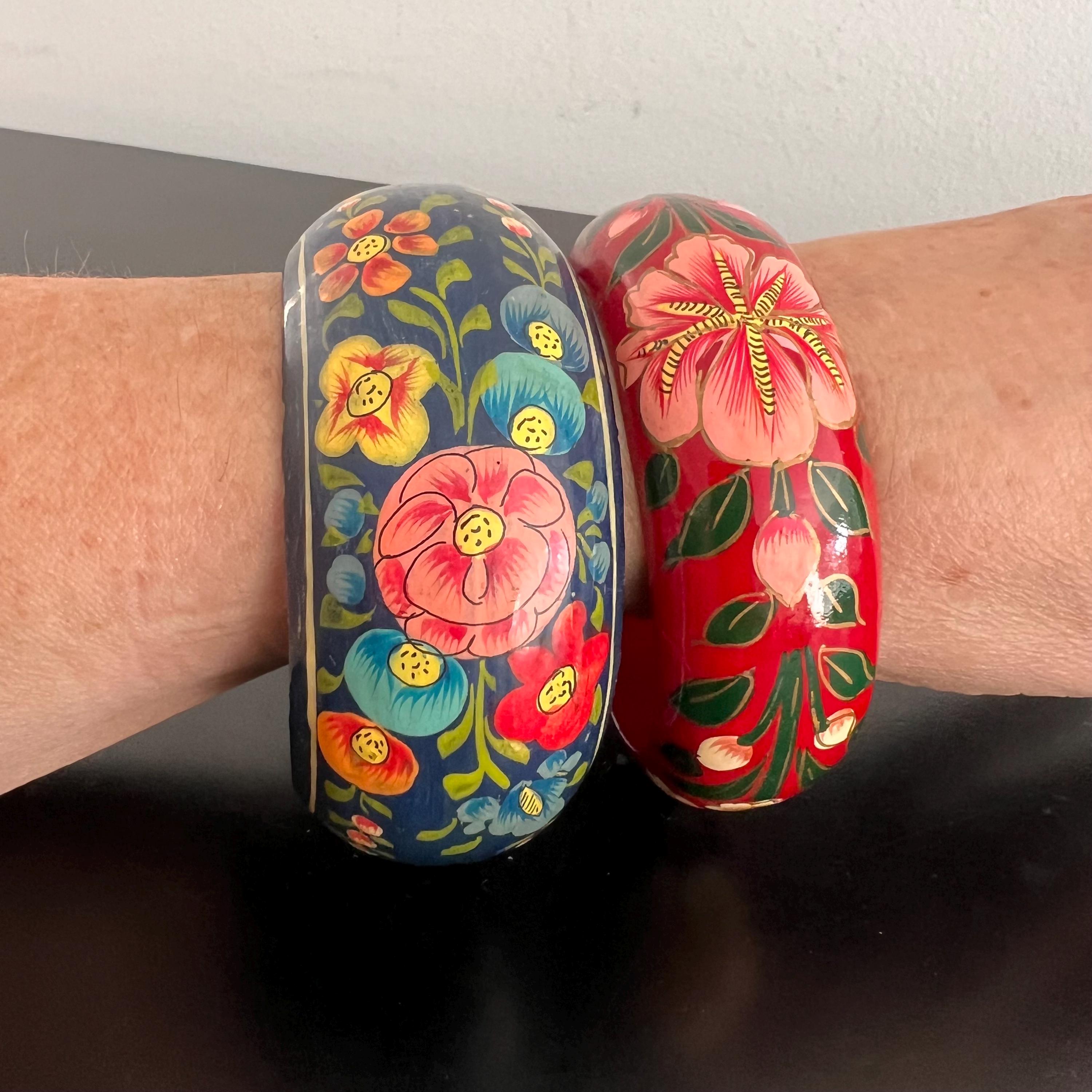 Vintage Kashmiri Bangles: Hand-painted Floral Indian Folk Art, Set