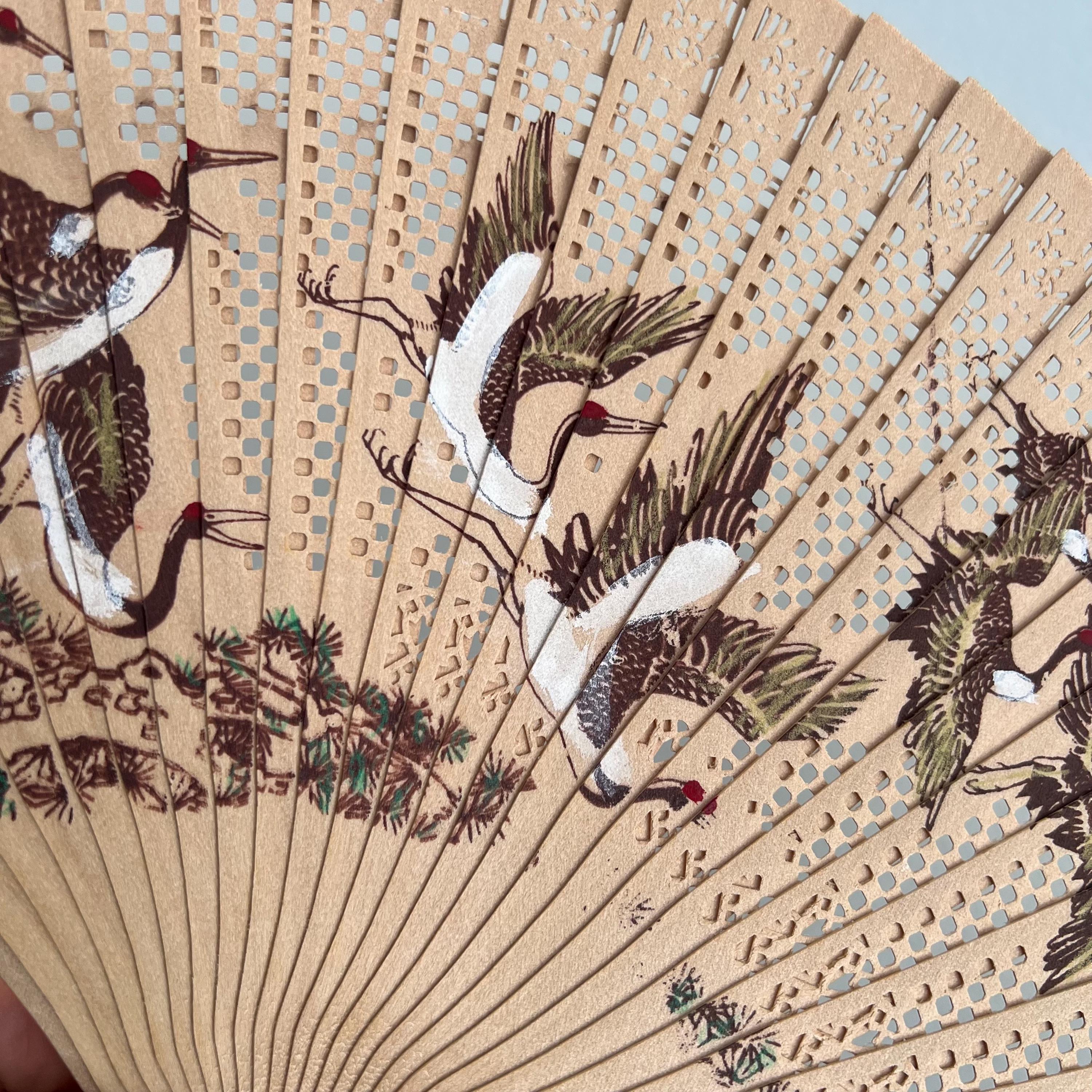 ヴィンテージ木製扇子：中国の鶴鳥装飾 - Etsy 日本