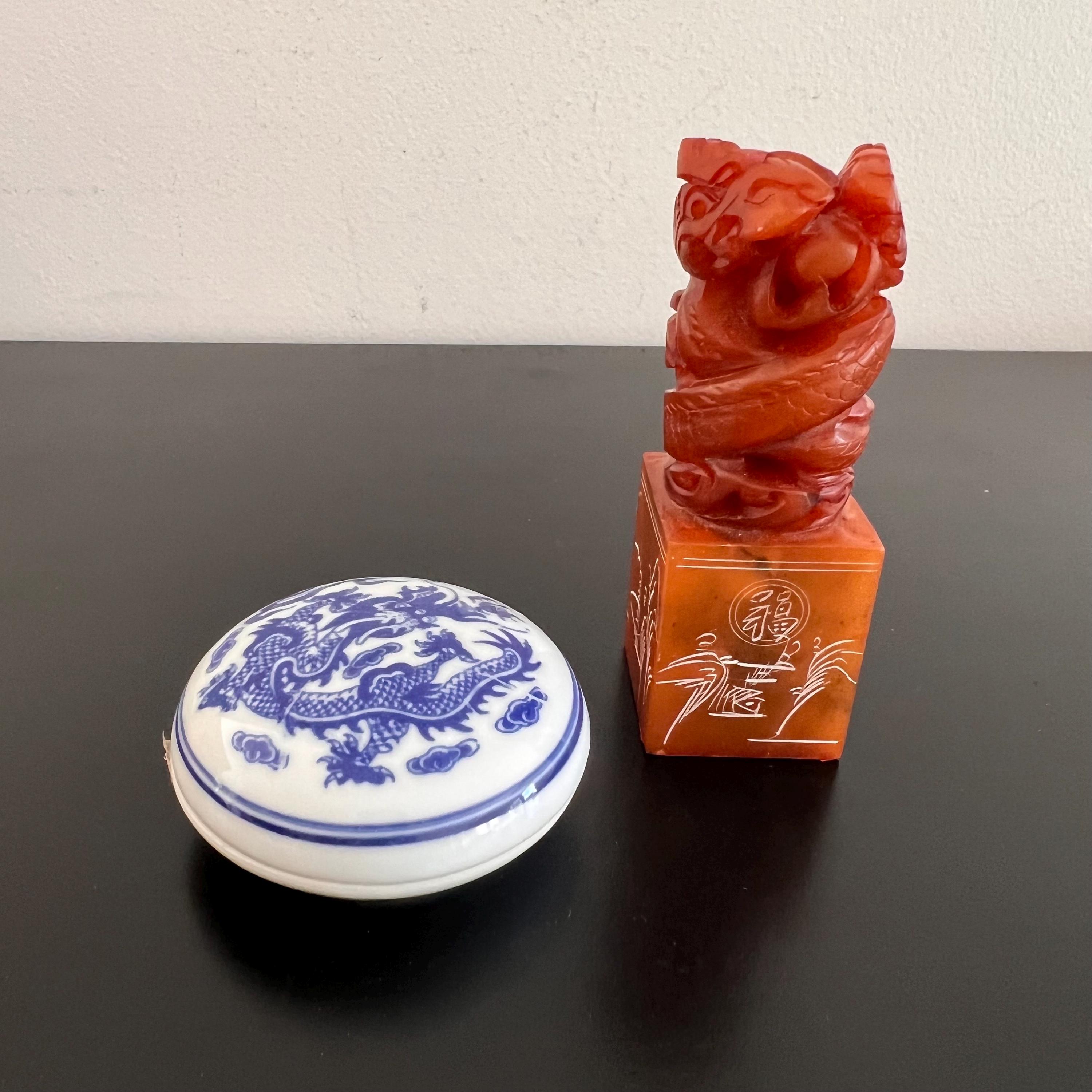 Vintage Chinese Chop Stamp Set: Hand Carved Stone, Porcelain Ink