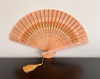 Vintage Wooden Folding Hand Fan: Chinese Chinoiserie Decor