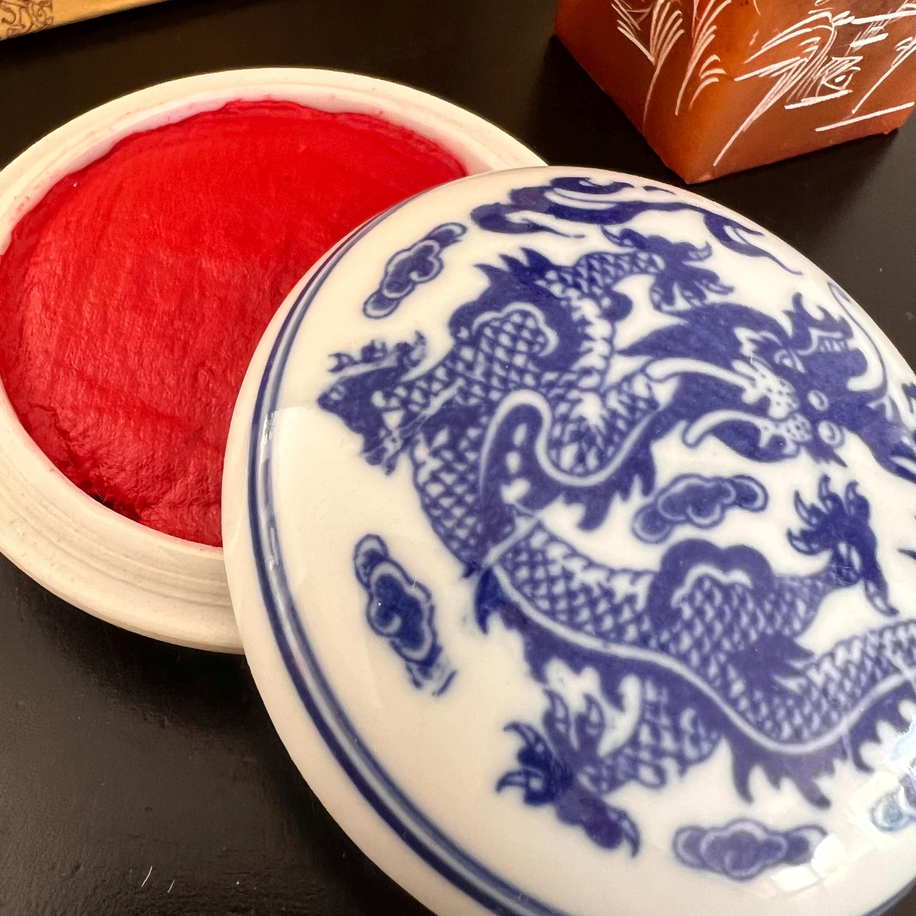 Vintage Chinese Chop Stamp Set: Hand Carved Stone, Porcelain Ink Pot - Etsy