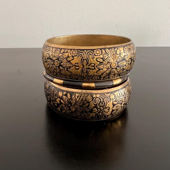 Vintage Brass Bangle Set: Embossed Floral Indian … - image 1
