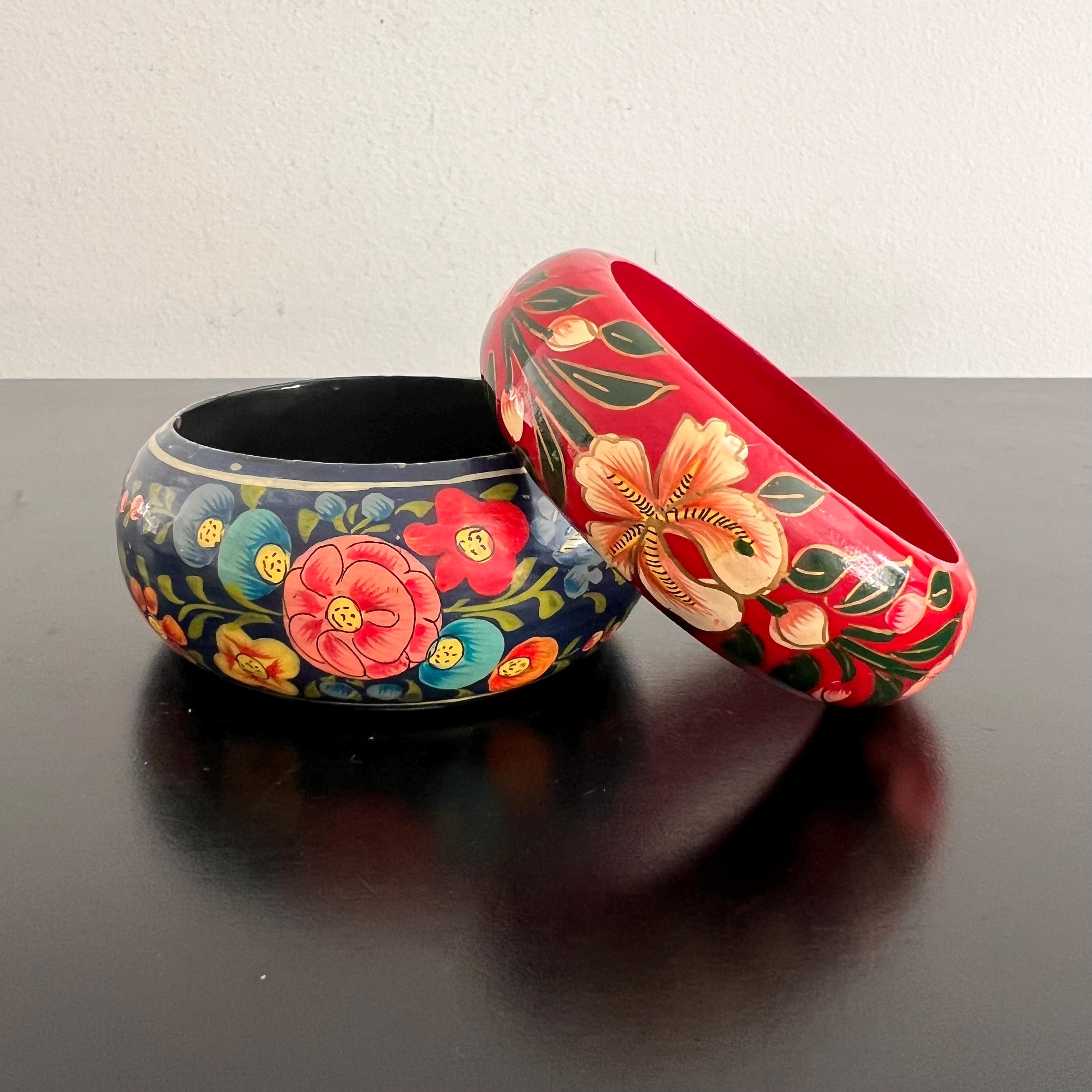 Vintage Kashmiri Bangles: Hand-painted Floral Indian Folk Art, Set