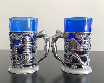 Vintage Chinese Tea Glass with holder, drinkware for lovers of tea