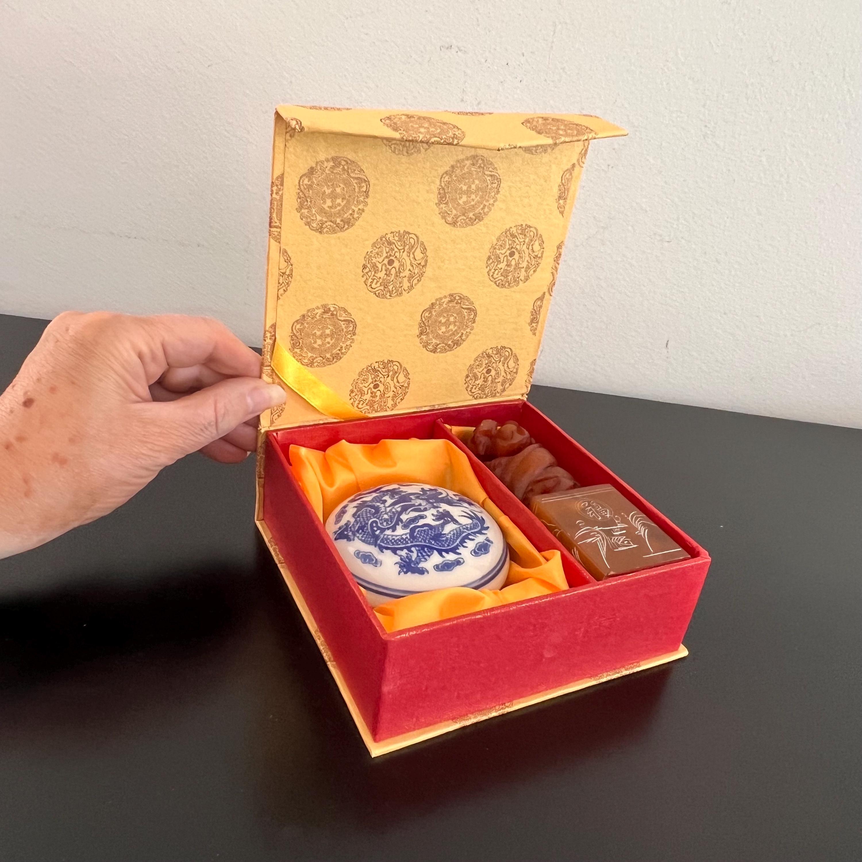 Vintage Chinese Chop Stamp Set: Hand Carved Stone, Porcelain Ink