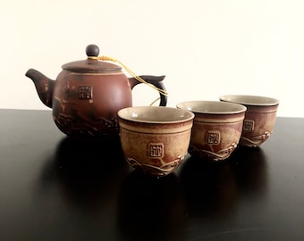 Vintage Yixing Clay Tea Set: Chinese Teapot & Cups, Zisha Pottery