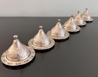 Vintage Moroccan Nickel Cloche Dish Set: Arabic Geometric Design