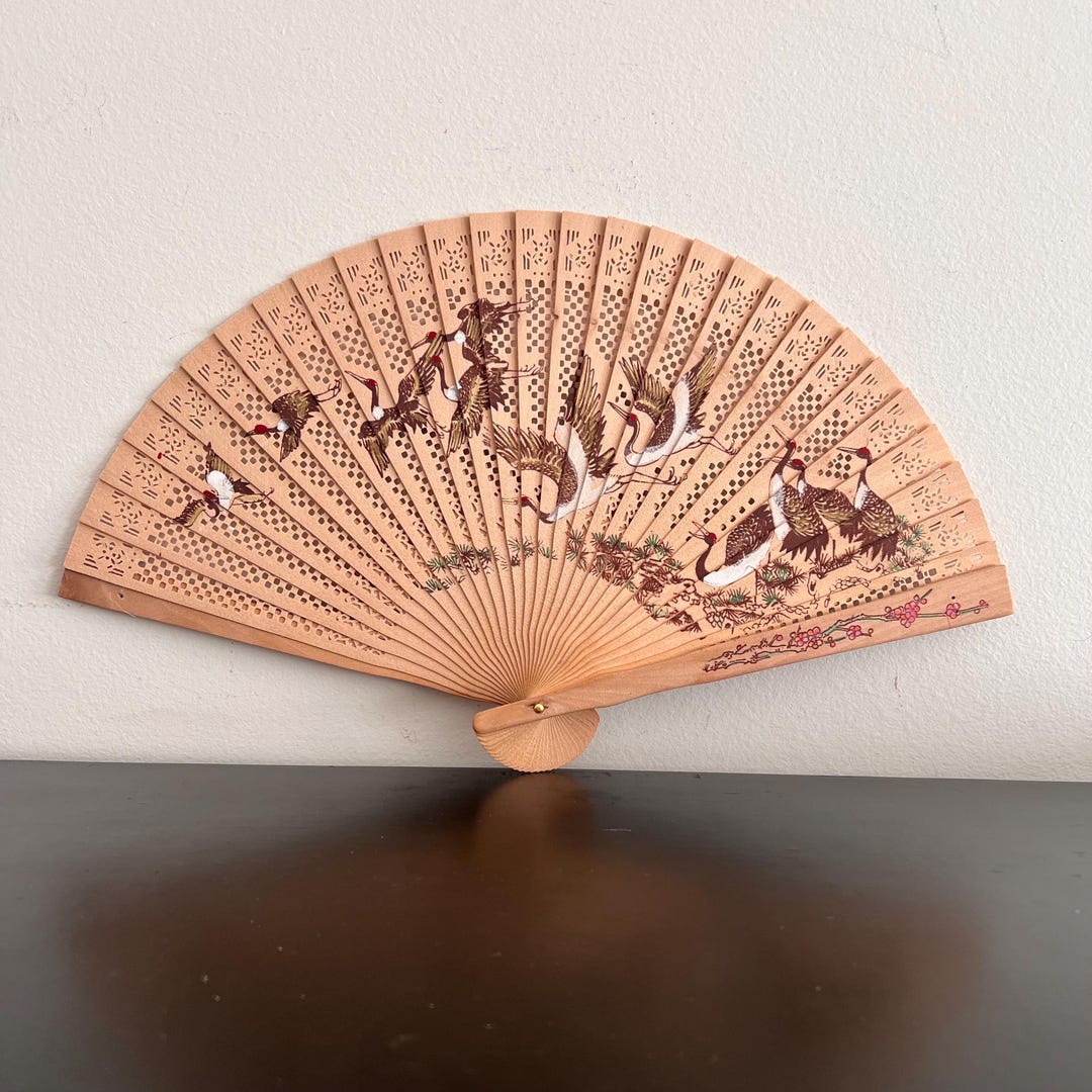 ヴィンテージ木製扇子：中国の鶴鳥装飾 - Etsy 日本