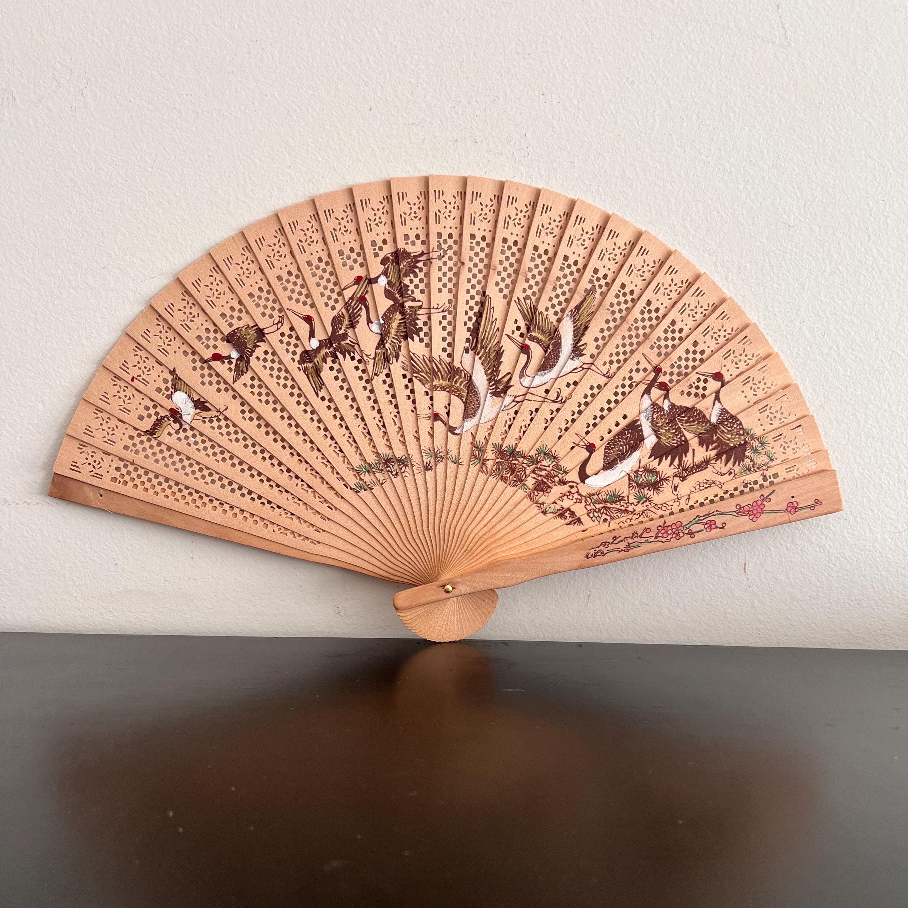 ヴィンテージ木製扇子：中国の鶴鳥装飾 - Etsy 日本