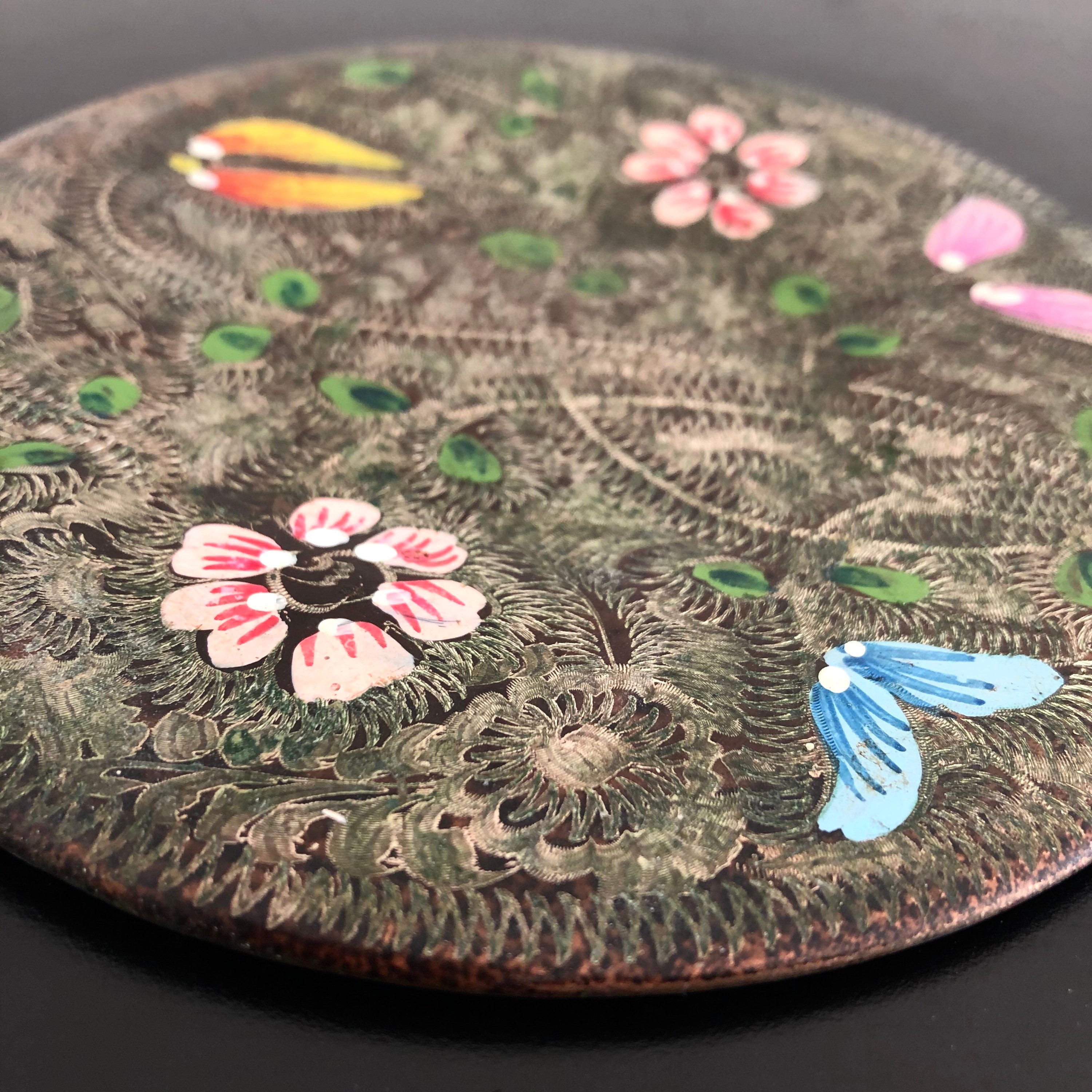 ヴィンテージトルコ銅壁プレート：手描きの花飾り - Etsy 日本