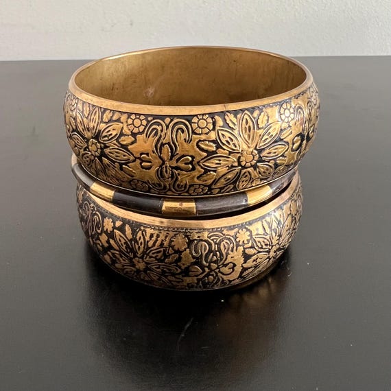 Vintage Brass Bangle Set: Embossed Floral Indian … - image 2
