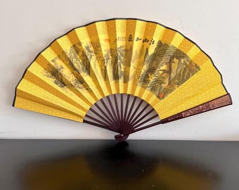 Vintage Chinese Folding Fan: Crane Bird Oriental Landscape Decor