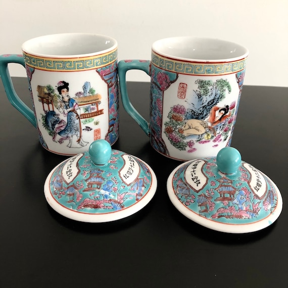 Vintage,Deckel-Teetassen,chinesische Teetassen,Wan Shu Wu Jiang,Türkise Teetasse,Teetasse mit Deckel,Chinesisches Porzellan,Asiatische Teetasse