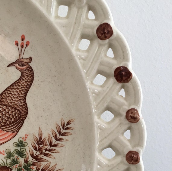 Vintage Decorative Bowl Oriental Peacock,Made In Japan Japanese Ceramic Plate Ceramic Peacock Plate Large Plate Basket Weave Border