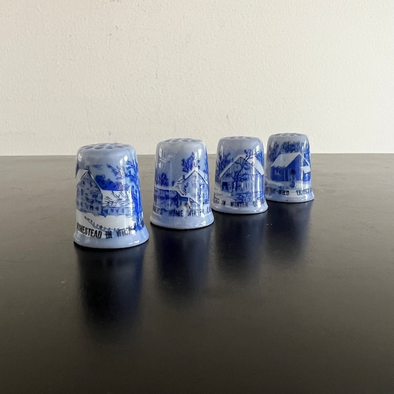 Vintage Currier and Ives Porcelain Thimbles: Winter Homestead Set