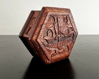 Vintage Carved Wooden Box: Hexagonal Trinket Jewelry Box