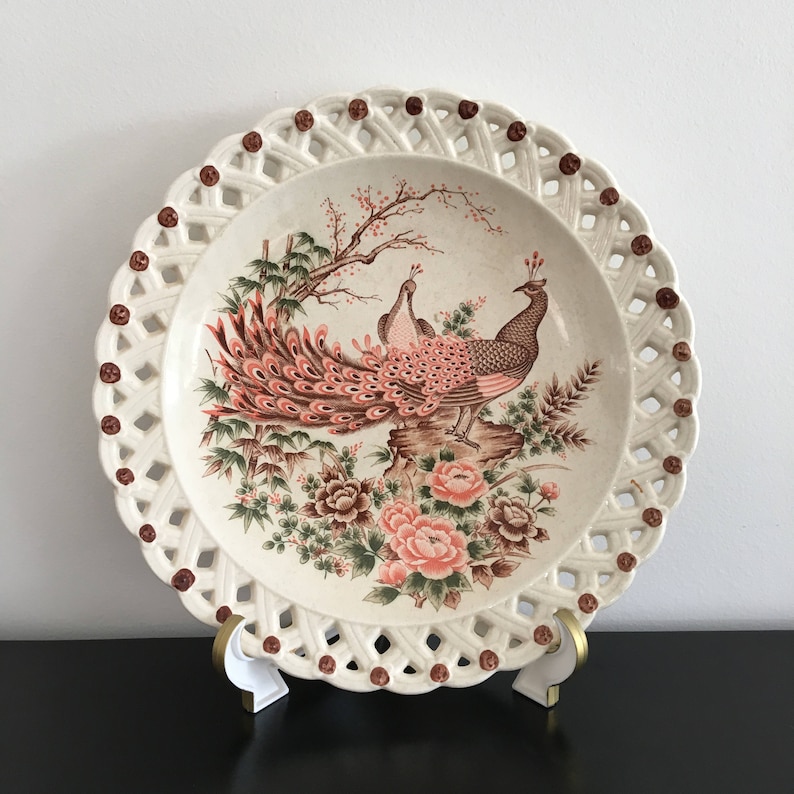 Vintage Decorative Bowl Oriental Peacock,Made In Japan Japanese Ceramic Plate Ceramic Peacock Plate Large Plate Basket Weave Border