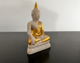 Vintage Seated Buddha Figurine: Gold Hand-Painted Resin, Thailand 1990s