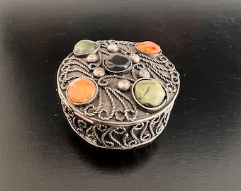 Vintage Sajai Indian Metal Box: Ornate Stone Inlay Trinket Box