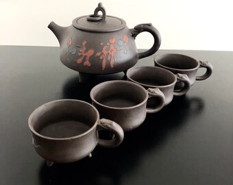 Vintage Yixing Clay Tea Set: Teapot & Cups, Oriental Decor