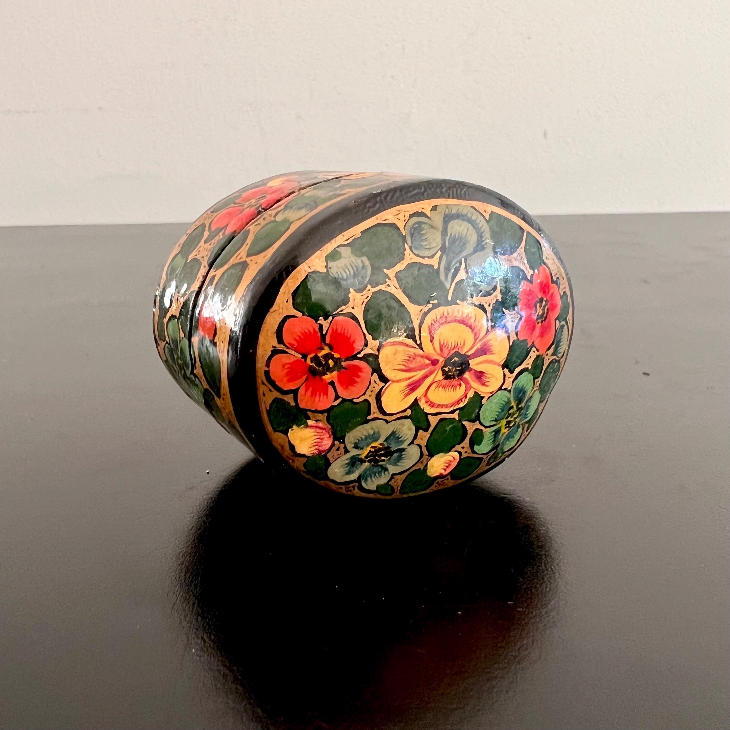 Vintage Kashmiri Paper Mache Box: Hand-painted Floral Trinket Box