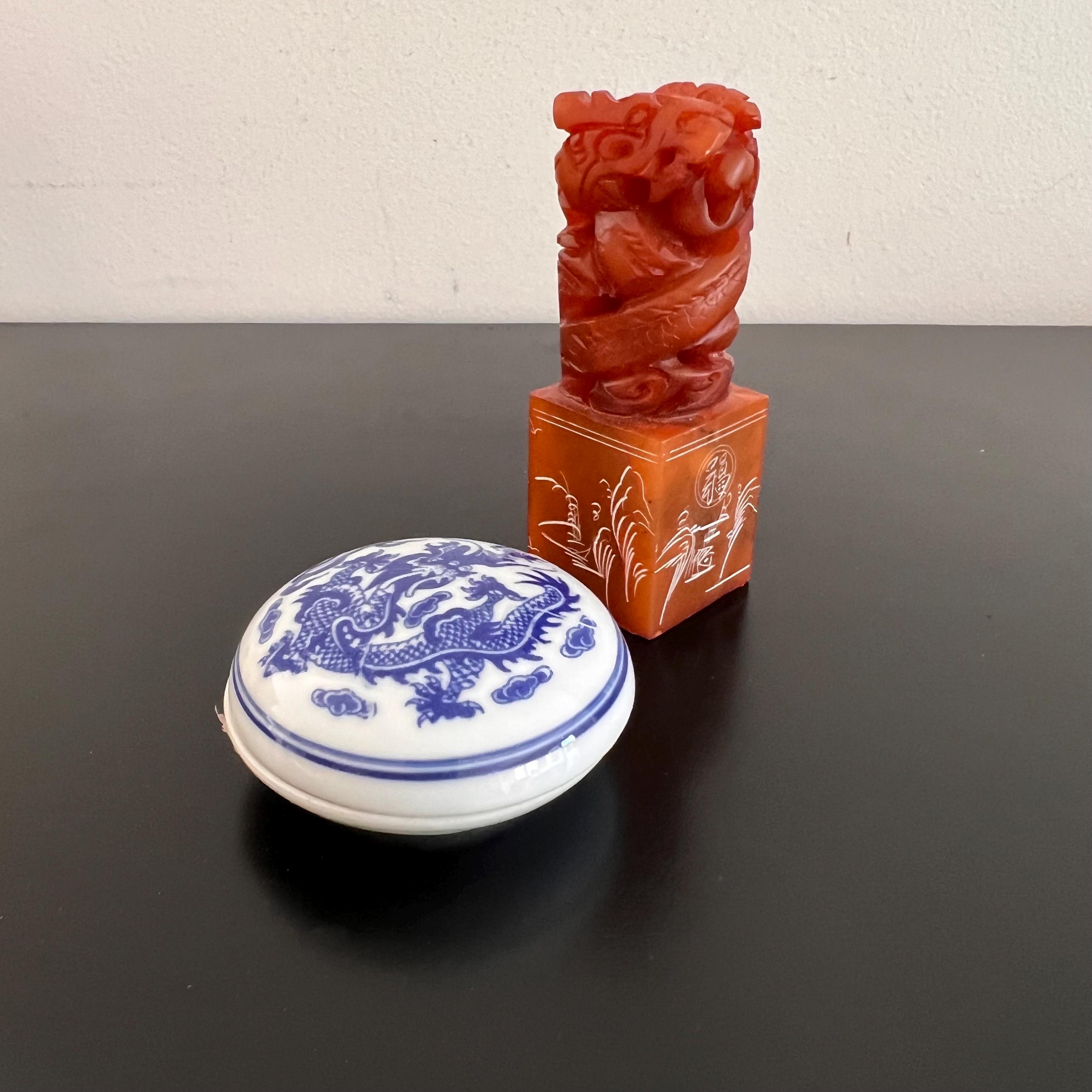 Vintage Chinese Chop Stamp Set: Hand Carved Stone, Porcelain Ink Pot - Etsy