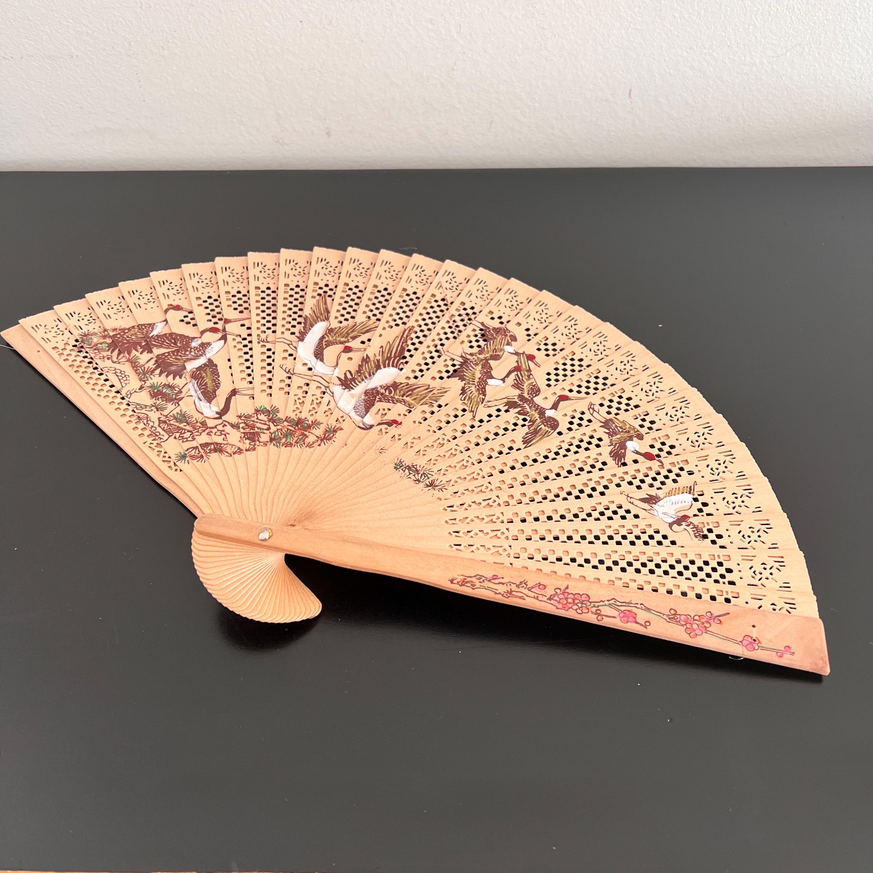 ヴィンテージ木製扇子：中国の鶴鳥装飾 - Etsy 日本