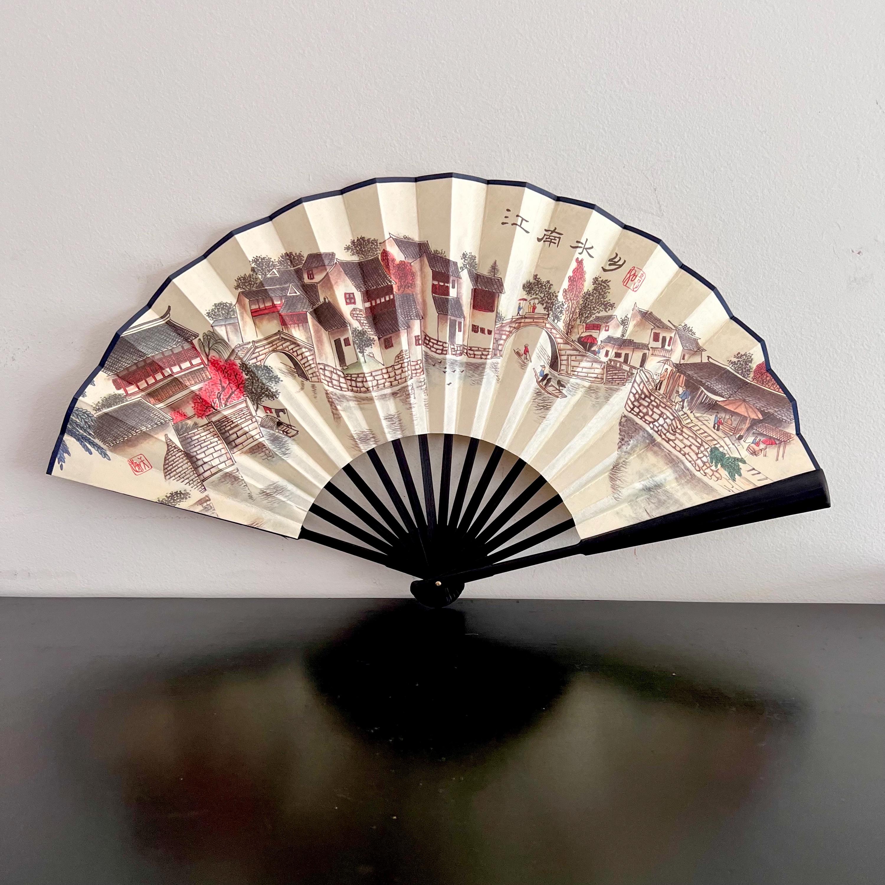 Set of Three Vintage Asian Inspired Decorative Folding Fans - Black Beige Cream Asian Folding Paper Fans - Set of 3 - Vintage Hand Fans - Etsy main image 2