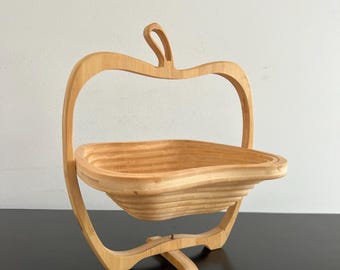 Vintage Collapsable Wooden Bowl, Handcrafted Decorative Apple Shaped Wooden Basket