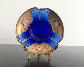 Vintage, Bohemen glazen asbak, blauw glas asbak, rococo asbak, mid century glas, mid century asbak, Italiaans glas, glaswerk