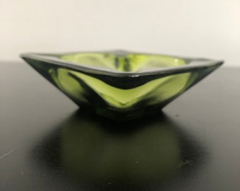 Vintage Green Glass Ashtray: Mid Century Modern Retro Decor