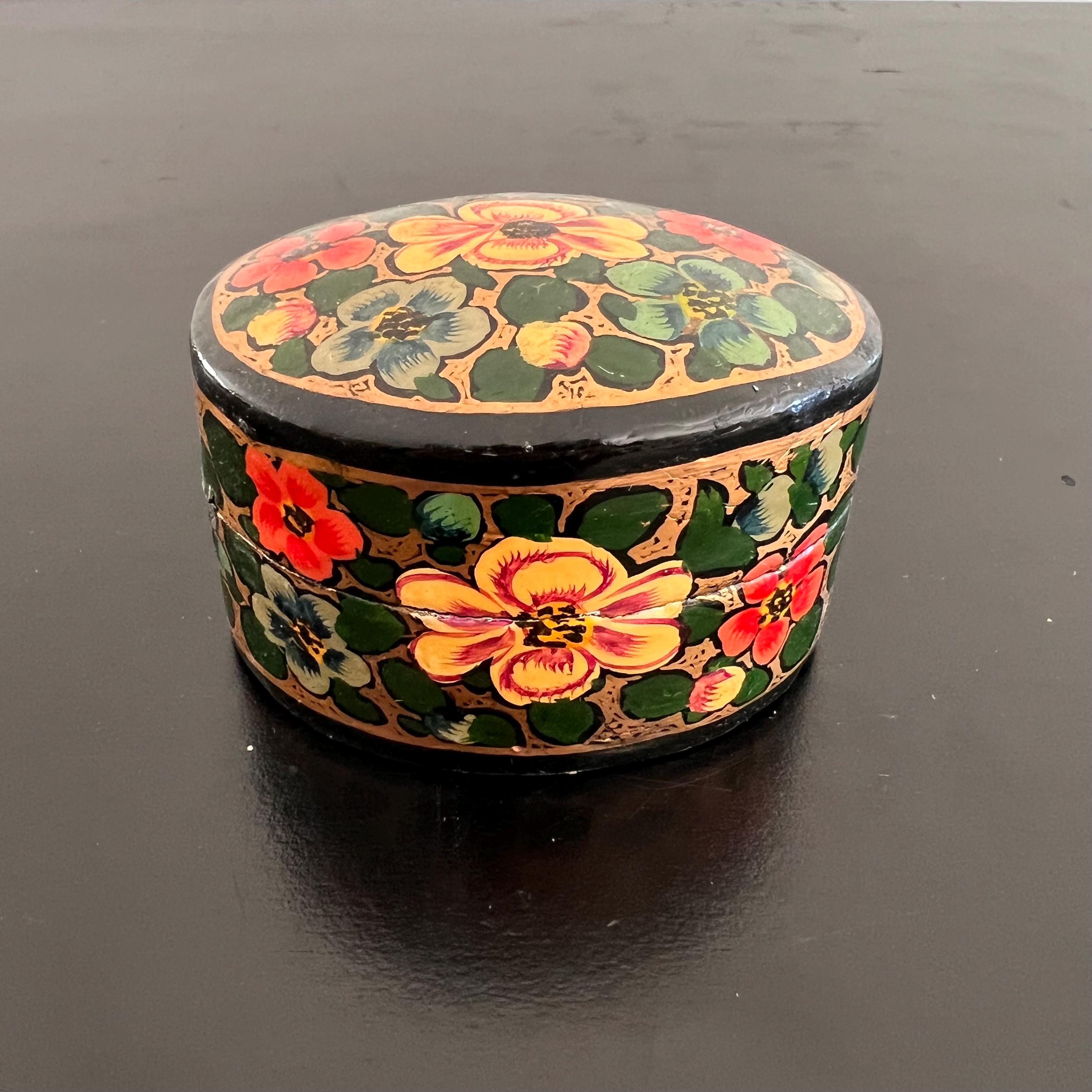 Vintage Kashmiri Paper Mache Box: Hand-painted Floral Trinket Box