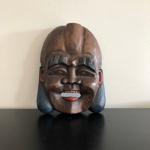 Vintage, Boeddha masker, wanddecoratie, wandmasker, woondecoratie, Boeddha, boho decor, boho, houten masker, lachende Boeddha
