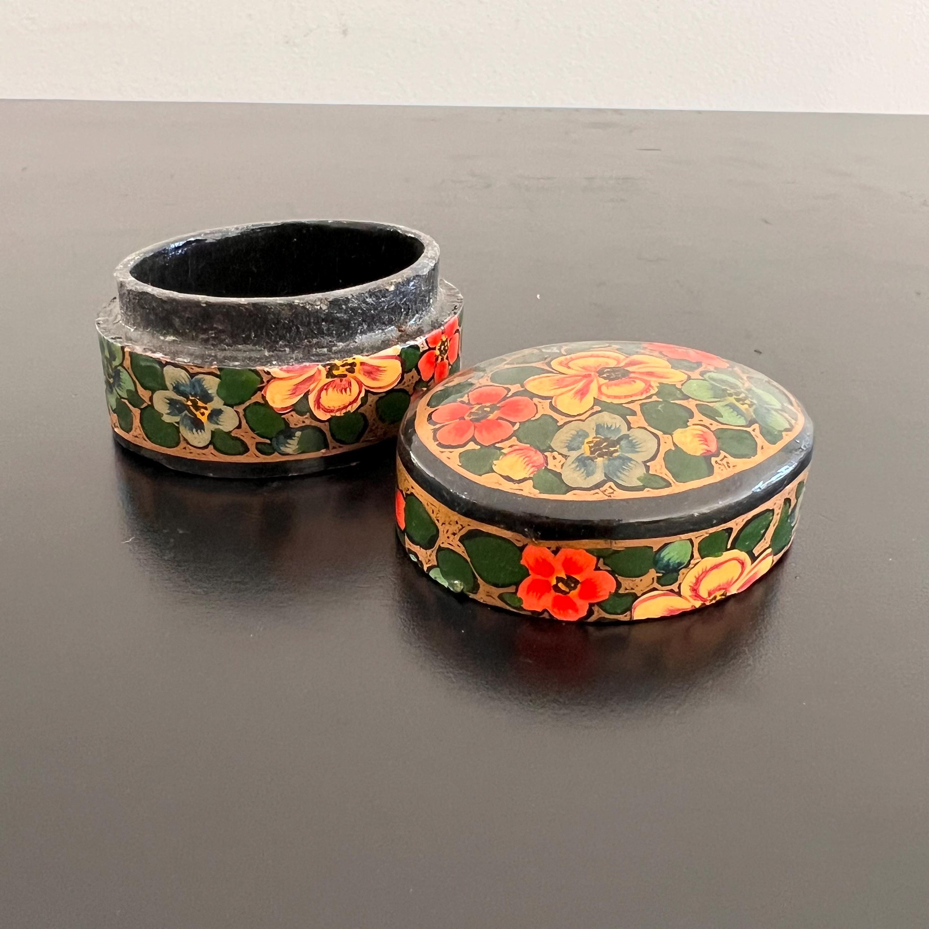 Vintage Kashmiri Paper Mache Box: Hand-painted Floral Trinket Box