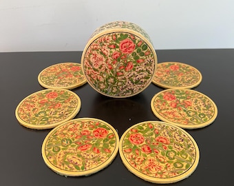 Vintage Kashmiri Drinks Coasters, Paper Mache Floral Folk Art