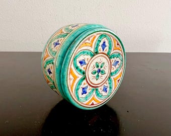 Vintage Moroccan Ceramic Box: Hand-Glazed Pottery Trinket Box