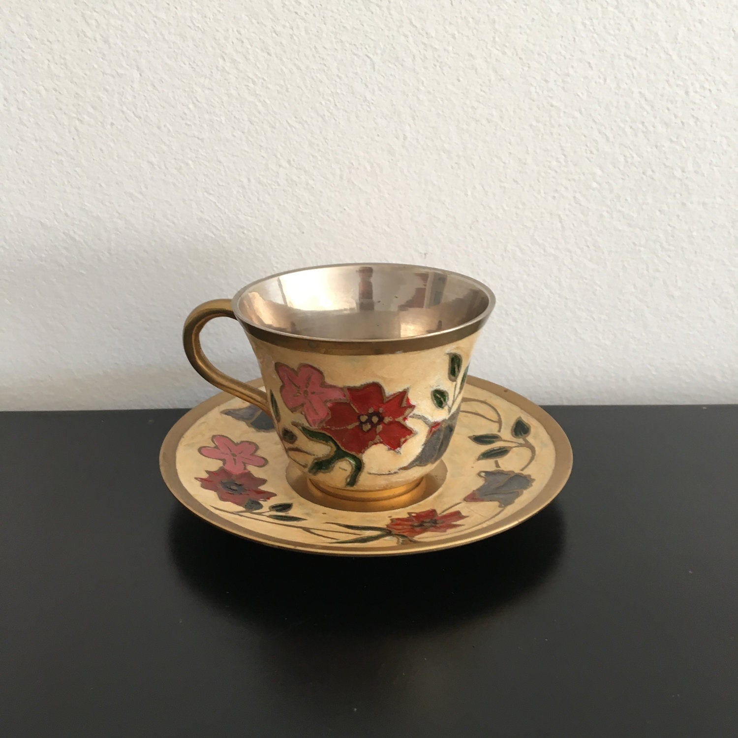 Vintage Solid Brass And Enamel Tea Cup And Saucer Cloisonne Etsy
