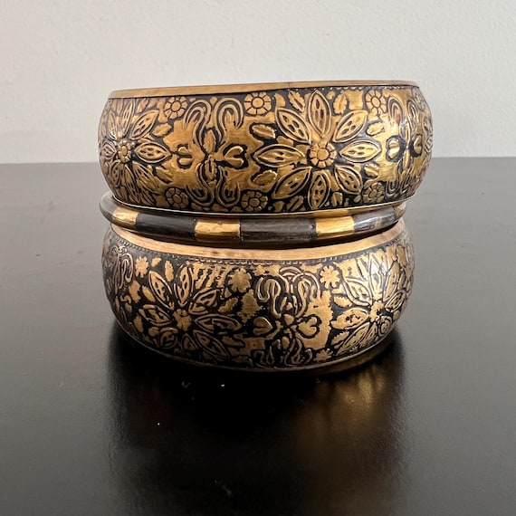 Vintage Brass Bangle Set: Embossed Floral Indian … - image 5